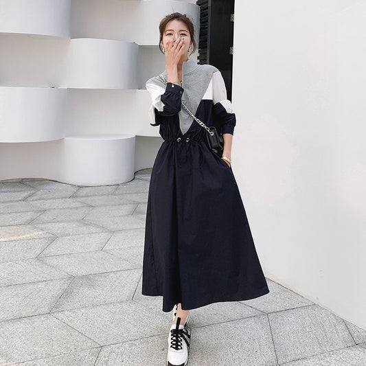 【ワンピース】切り替え スウェットワンピース 春用 長袖ワンピース 大きめサイズでもスリム見え ラグジュアリー風【JZシリーズ】