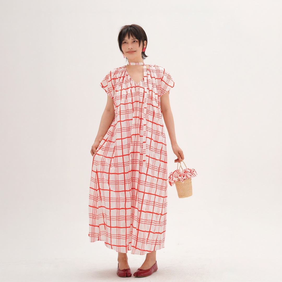【ワンピース】チェック柄 Vネック ネックリボン付き ウエストマーク リゾート風 半袖 ワンピース 【JZシリーズ】