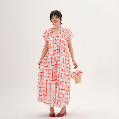 【ワンピース】チェック柄 Vネック ネックリボン付き ウエストマーク リゾート風 半袖 ワンピース 【JZシリーズ】