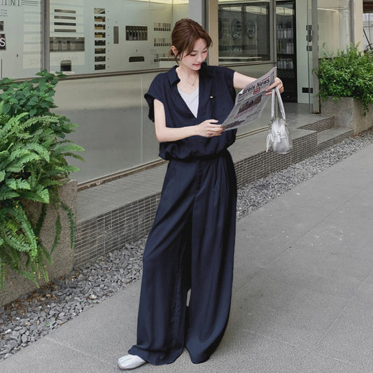 2点セット！【セットアップ】カジュアル気質 ネイビーシャツ×ワイドパンツ 上下セット レディース 夏 クールでカッコいい2点セットコーデ【JZシリーズ】
