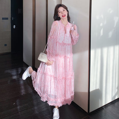 【ワンピース】フレンチ 花柄 長袖ワンピース｜上品 ティアード ロング丈｜ロマンチック ゆるシルエット 体型カバー 映えドレス【SHシリーズ】