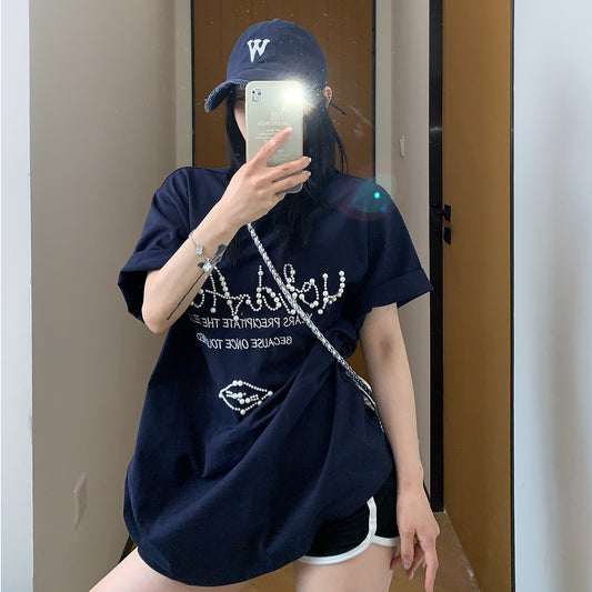【トップス】夏 ビーズ装飾  ゆるリラックス Ｔシャツ 【FCシリーズ】