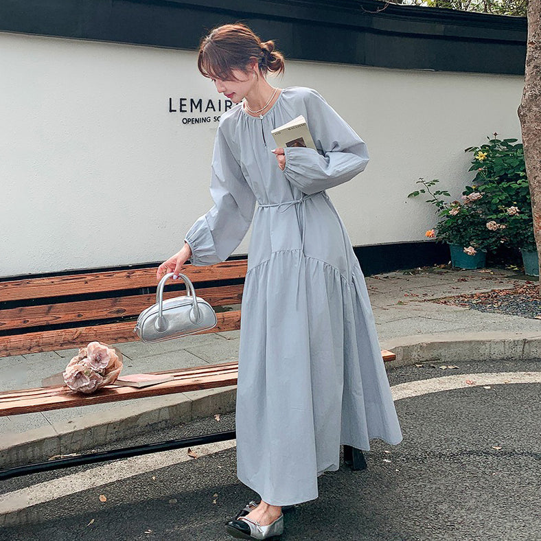 【ワンピース】フレンチ 長袖ワンピース レディース 秋新作 上品で可愛い リラックス感 ウエストマーク ロングドレス【JZシリーズ】