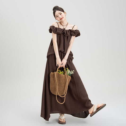 2点セット！【セットアップ】夏新作 韓国風 オフショルダーキャミトップス＋ゆったりシルエットスカート 上下セット【JZシリーズ】