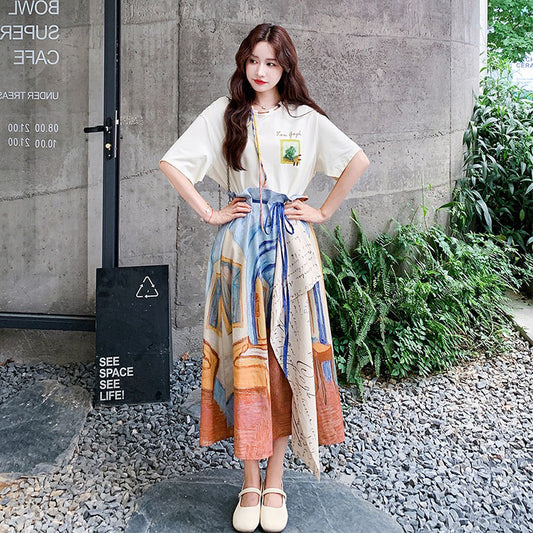 2点セット！【セットアップ】ボヘミアン エスニック柄 Tシャツ＋ロングスカート 上下セット ゆったり リゾート OOTD【SHシリーズ】