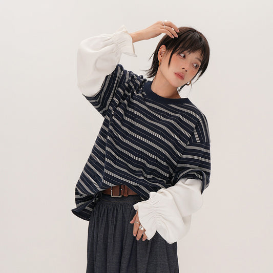 【トップス】ストライプ 切替 半袖 Tシャツ レディース ゆったり 体型カバー 大きいサイズ フェイクレイヤード クルーネック プルオーバー 春秋 Tシャツ【SHシリーズ】