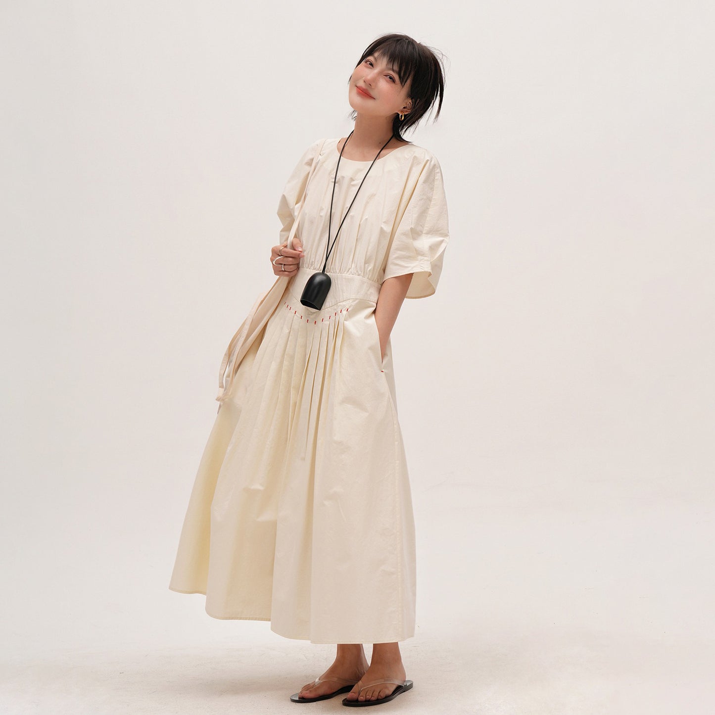 【ワンピース】ウォッシュド 高密度綿 半袖ワンピース レディース 小众デザイン 夏用 薄手 ロングドレス【JZシリーズ】