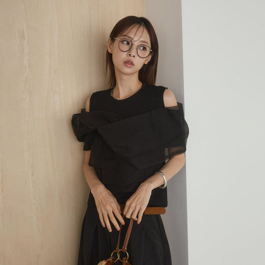 【トップス】リボン切替 Tシャツ レディース 韓国風 ゆったり 体型カバー オフショルダー ストレートトップス【JZシリーズ】