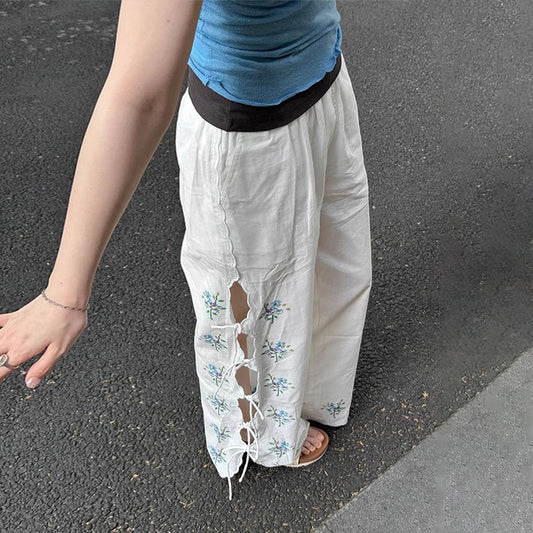 【ボトムス】刺繍 カットワーク ワイドパンツ レディース ハイウエスト リボン付き ストレートパンツ ゆったり デザイン性【SHシリーズ】