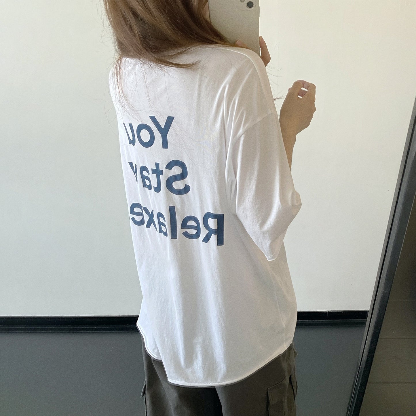 【トップス】ロゴプリント半袖Tシャツ レディース オーバーサイズ 裾フリンジ クルーネック リラックス【FCシリーズ】