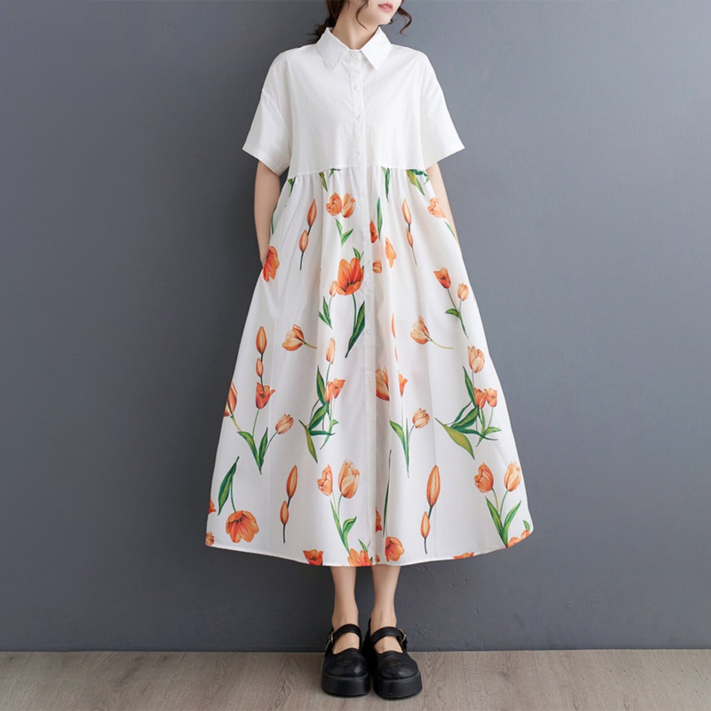 【ワンピース】柄切替ワンピース レディース 夏 半袖 Aライン ゆったり 大きいサイズ 体型カバー ロング丈【SHシリーズ】