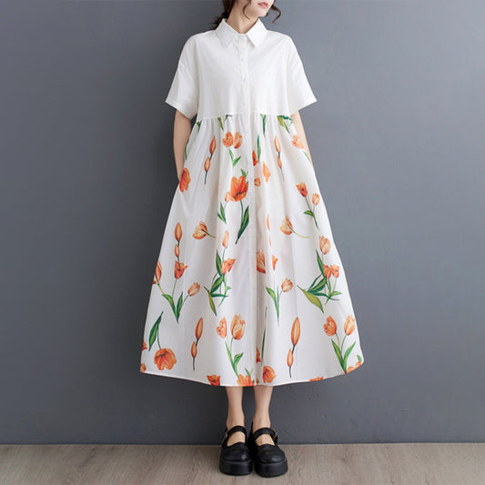 【ワンピース】柄切替ワンピース レディース 夏 半袖 Aライン ゆったり 大きいサイズ 体型カバー ロング丈【SHシリーズ】