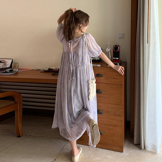 【ワンピース】テンセル花柄 半袖ワンピース｜背中あき×フレンチロマン漂うゆる可愛いピュアガーリースタイル【SHシリーズ】