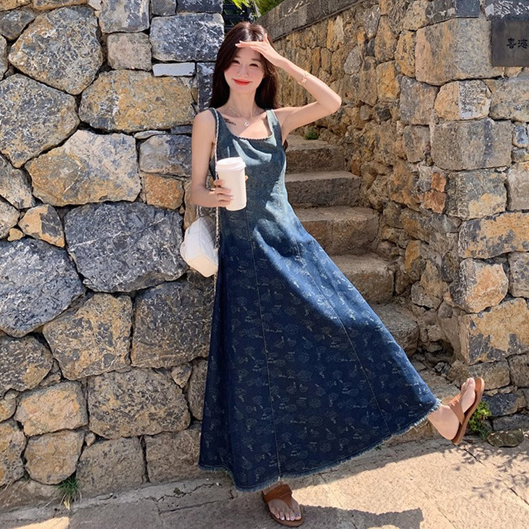 【ワンピース】デニム風プリント ノースリーブワンピース 体型カバー＆美シルエットが叶う大人可愛い一枚【SHシリーズ】