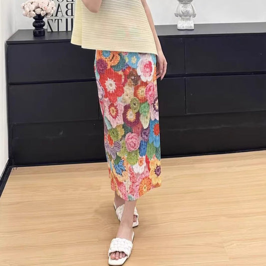 【ボトムス】エレガント 着痩せ効果 プリーツ 油絵風花柄プリントスカート【SHシリーズ】