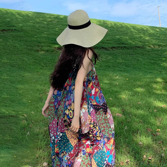 【ワンピース】夏新作 エスニック ボヘミアン風 リゾートノースリーブワンピース【SHシリーズ】