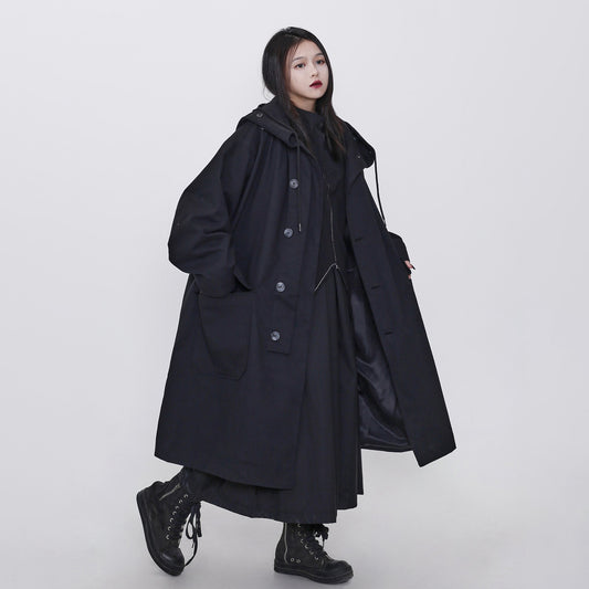 【アウター】秋冬 暗黒系デザイン ミディ丈 ゆったり大きめサイズ フード付きトレンチコート/綿入れコート レディース【AHシリーズ】