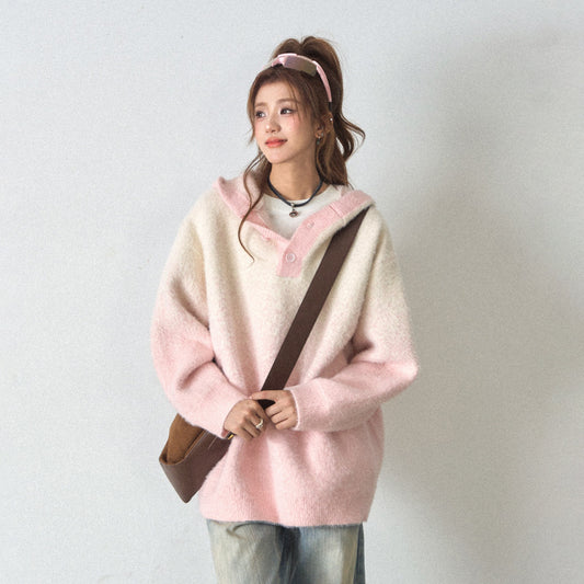 【トップス】ふわふわフェイクミンクグラデーション フード付きニットセーター レディース 秋冬 高級感 オーバーサイズ トップス【FCシリーズ】