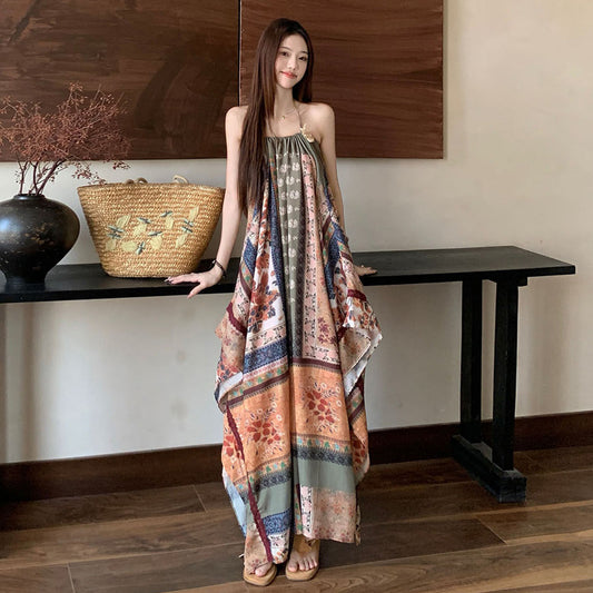 【ワンピース】レトロプリント ホルターネックワンピース リゾートコーデ 旅行コーデ 夏新作 ノースリーブドレス【SHシリーズ】