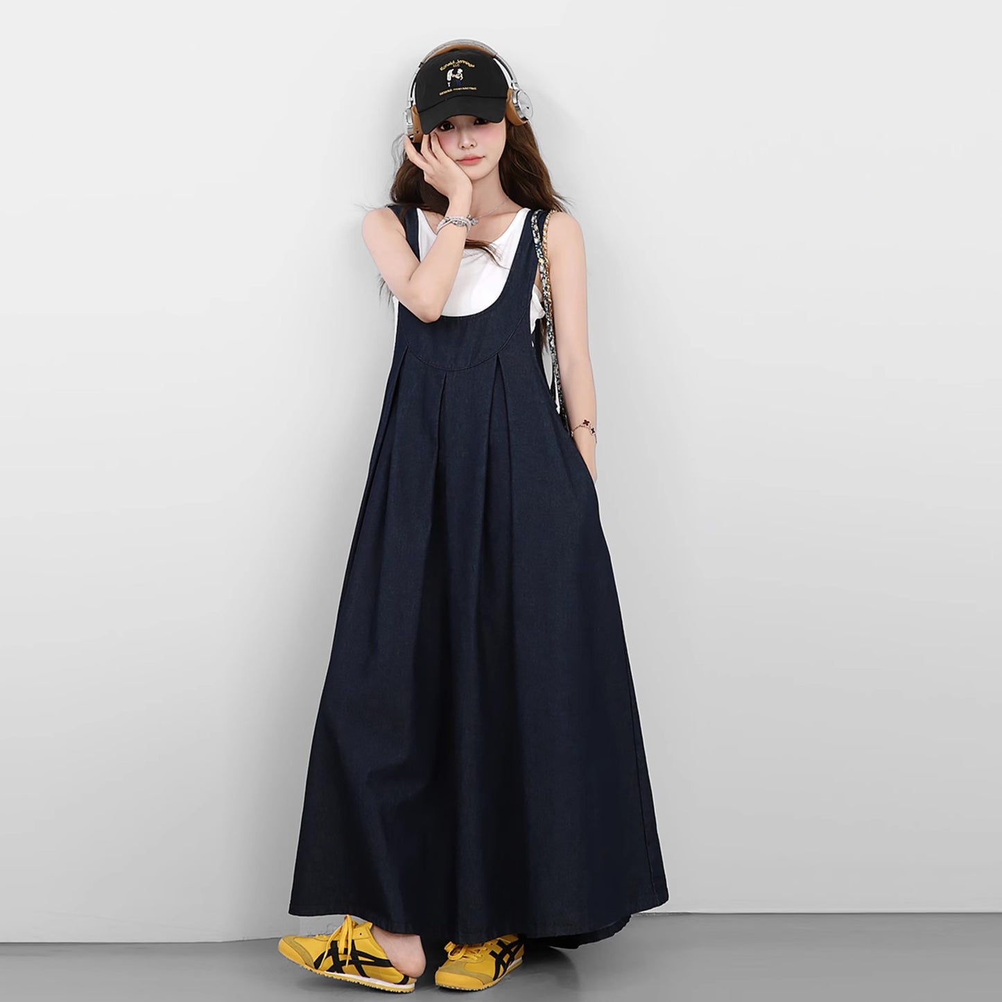 2点セット！【セットアップ】日雑風ベスト + デニム ノースリーブワンピースセットアップ 大人可愛い抜け感コーデに【JZシリーズ】