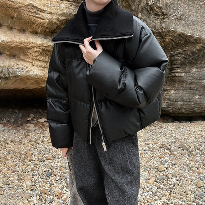 【アウター】冬新作 PUレザー切り替え ダウンコート レディース ショート丈 ホワイトダックダウン【JZシリーズ】