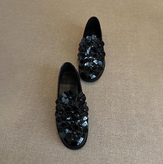 【シューズ】ミドルヒール フラワーデザイン ローファー レディース カジュアル 春秋コーデ パンプス