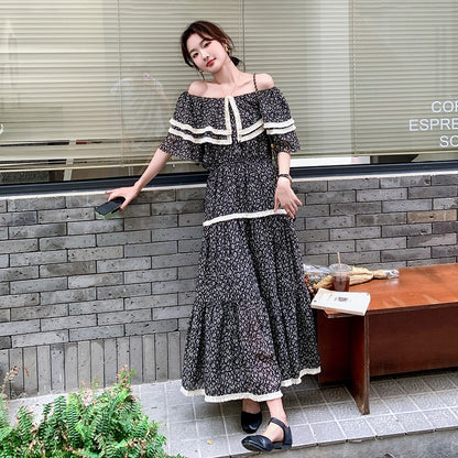 【ワンピース】オフショル花柄シフォン 半袖ワンピース レディース 夏 個性的で美しい エレガント 高級感 リゾート風ロングドレス【SHシリーズ】