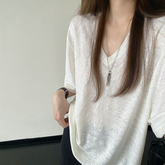 【トップス】リネンTシャツ レディース Vネック 半袖 ゆったり 体型カバー 涼しい 通気性 ワイドシルエット 夏【FCシリーズ】