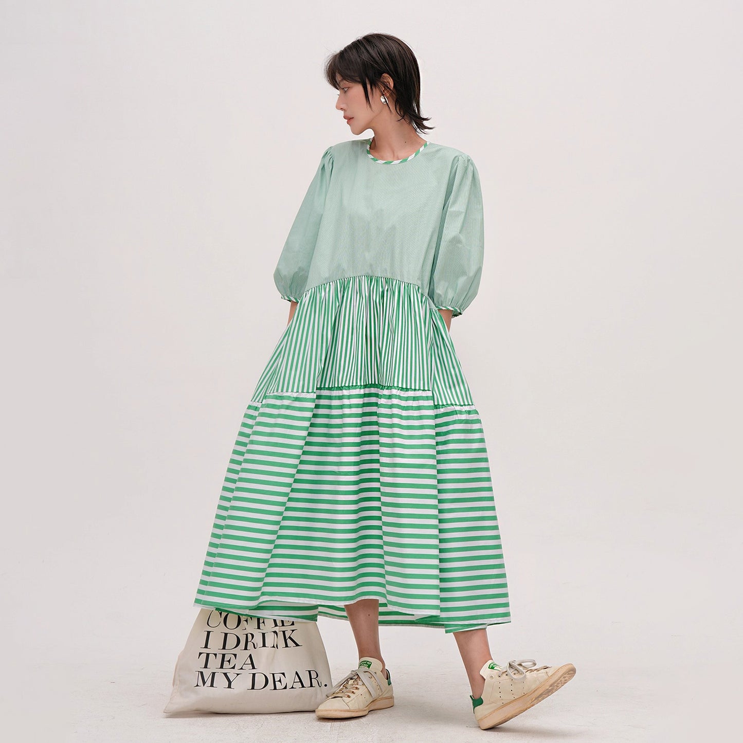 【ワンピース】 夏新作 グリーン切り替え ストライプ ゆったり 半袖ワンピース 着痩せ効果 ラウンドネックロングドレス 【JZシリーズ】【SHシリーズ】