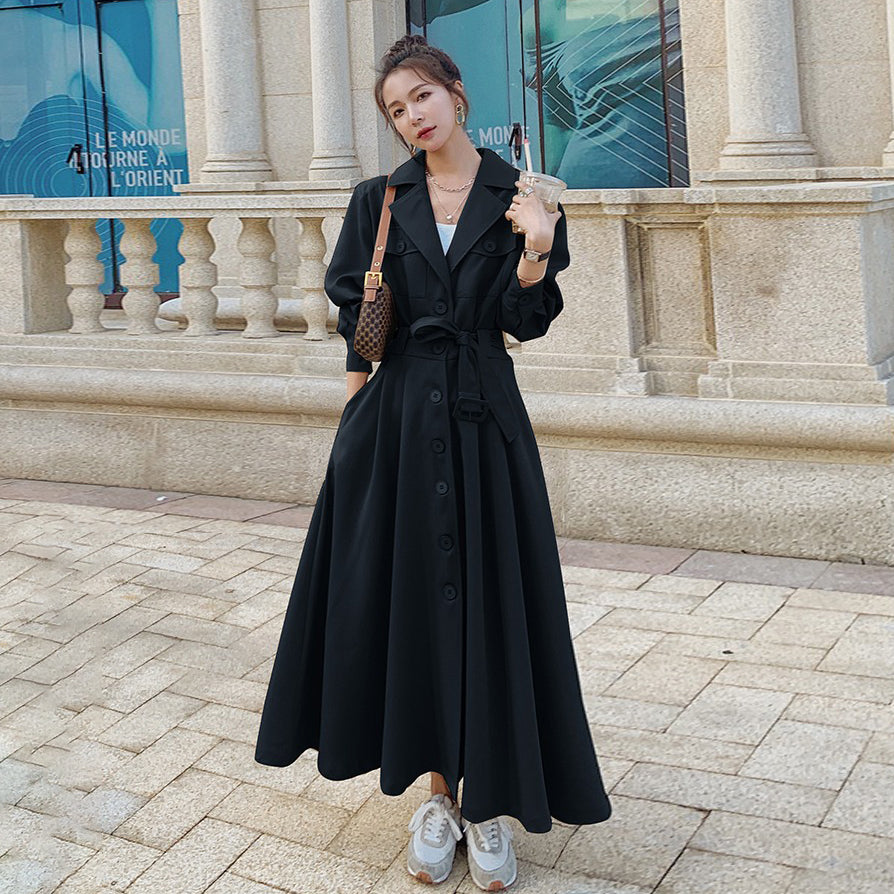 全4色【ワンピース】フレンチ 春秋  気質エレガント トレンチ風 大フレアロング 長袖ワンピース【JZシリーズ】
