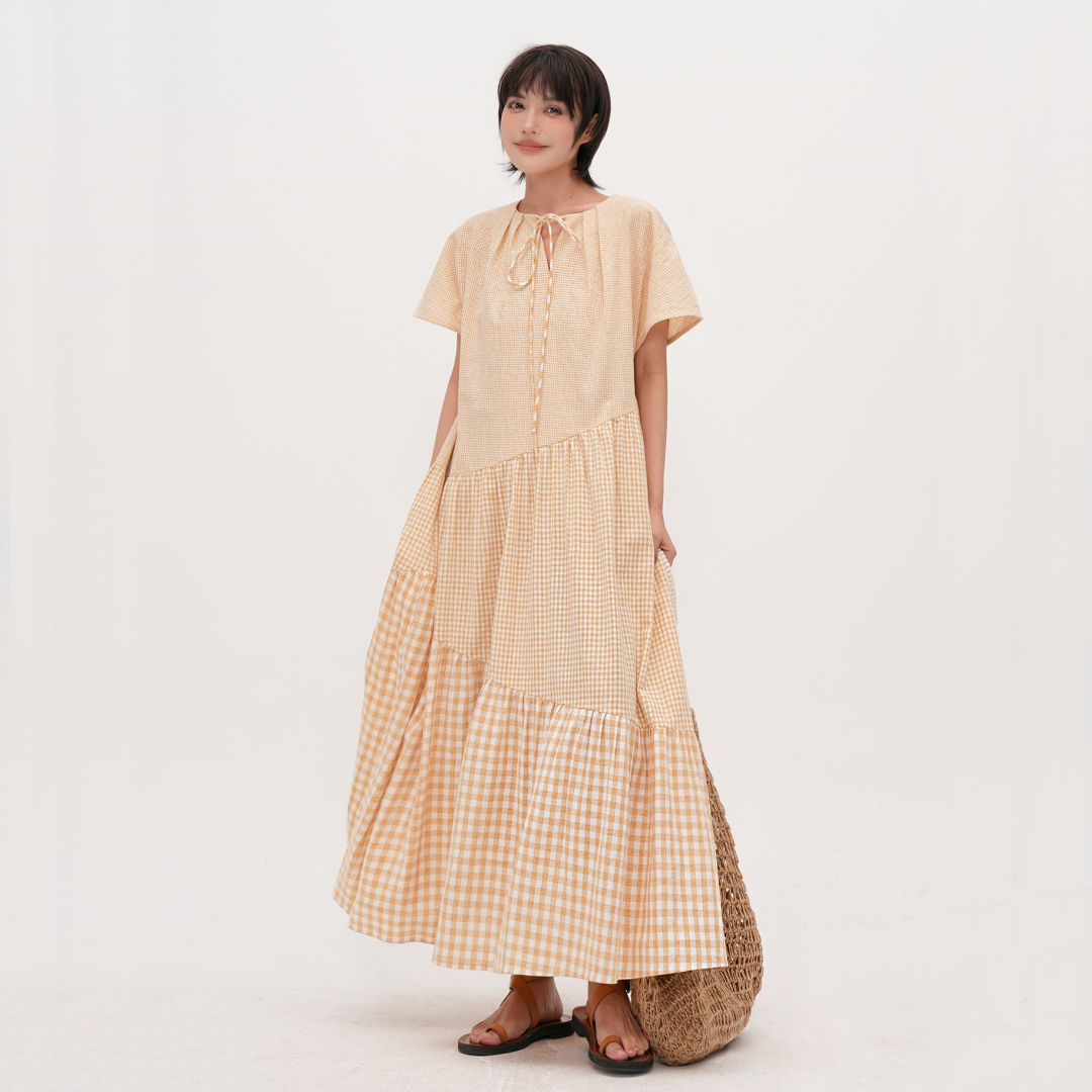 【ワンピース】【15～18日内発送】夏 クリームイエロー チェック柄 	Vネック 切り替えデザイン 半袖ワンピース 【JZシリーズ】