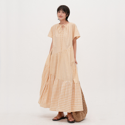 【ワンピース】【15～18日内発送】夏 クリームイエロー チェック柄 	Vネック 切り替えデザイン 半袖ワンピース 【JZシリーズ】