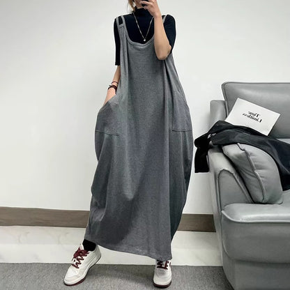 [連身裙] 夏季街頭風純色寬鬆輪廓無袖連身裙