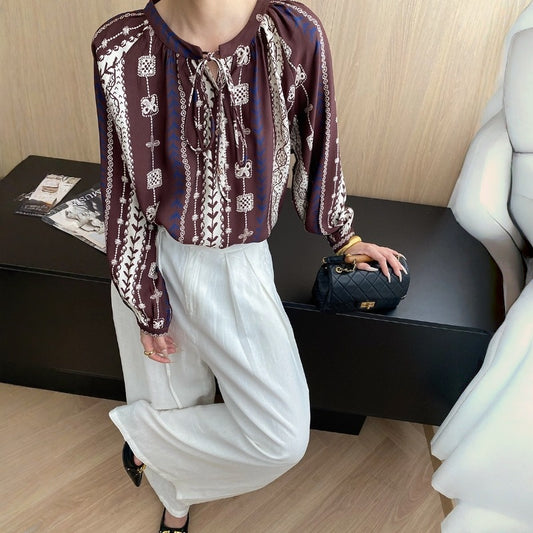 【トップス】春 秋 ボヘミアン テンセル プリント 長袖 シャツ 【SHシリーズ】