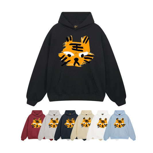 【トップス】🐱ストリートタイガーヘッドプリント裏起毛パーカー ユニセックス ペアルック 秋冬 オーバーサイズ【FCシリーズ】