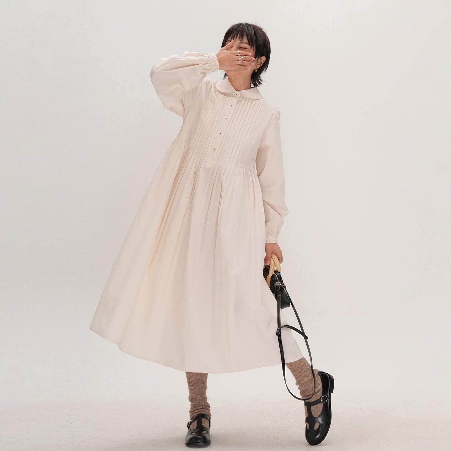 【ワンピース】かわいい 手作り タック プリーツ ハイウエスト ゆったり 日本風 長袖ワンピース【JZシリーズ】