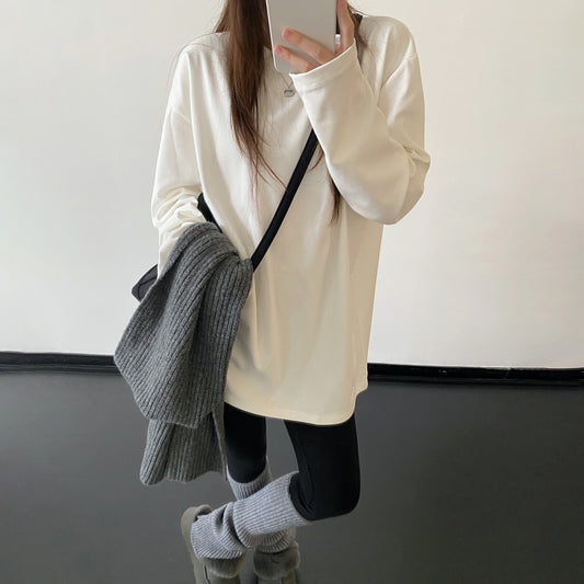 【トップス】ミニマル 無地 長袖 Tシャツ ゆったり レディース 秋冬 丸首 インナー 重ね着用【FCシリーズ】