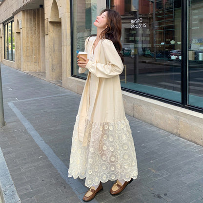 【ワンピース】フレンチエレガント レース切替 長袖ワンピース レディース デザイン性 優しげムード リボン付きロングドレス【JZシリーズ】