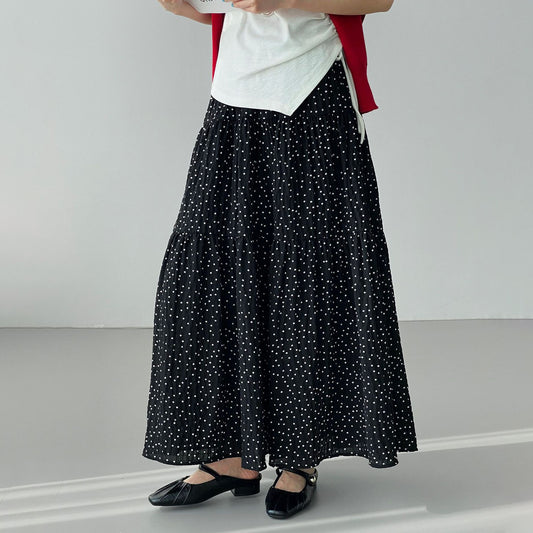 【ボトムス】ドット柄 韓国風 レトロ Aラインスカート レディース ウエストゴム ミモレ丈スカート【JZシリーズ】