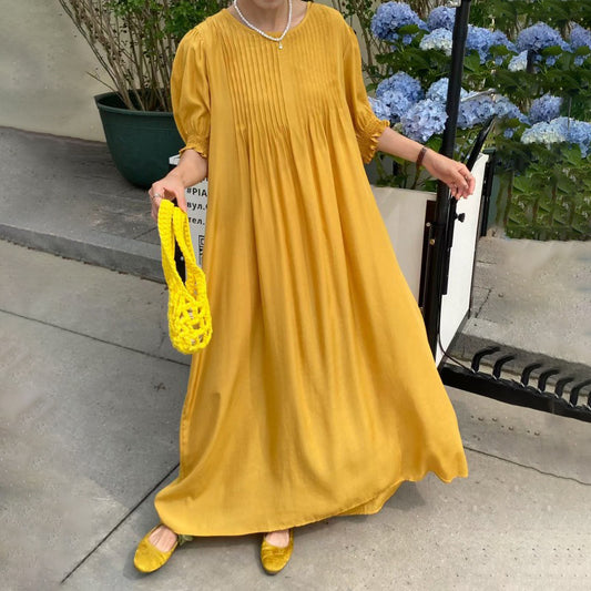 【ワンピース】10色展開 韓国風 レトロ＆アートテイスト ゆったり大きいサイズ 無地 半袖ワンピース