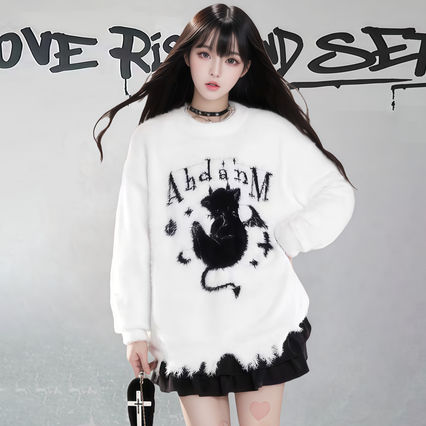 【トップス】ダメージ加工 猫モチーフ ニットセーター レディース 秋冬 ゆったり ルーズ カジュアル【FCシリーズ】