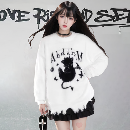 【トップス】ダメージ加工 猫モチーフ ニットセーター レディース 秋冬 ゆったり ルーズ カジュアル【FCシリーズ】