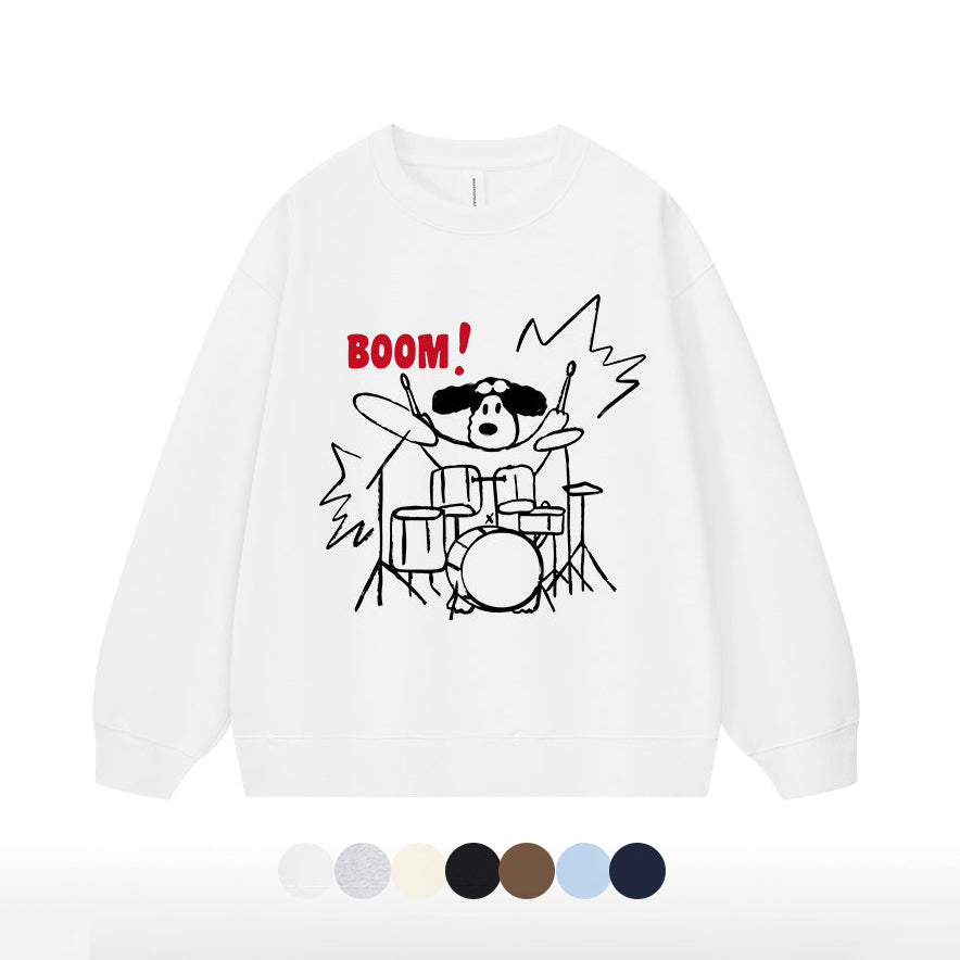 7カラー | S~3XL【トップス】ロック風 犬イラスト ドラムプリント クルーネック スウェット 秋 ルーズ ユニセックス パーカー【FCシリーズ】
