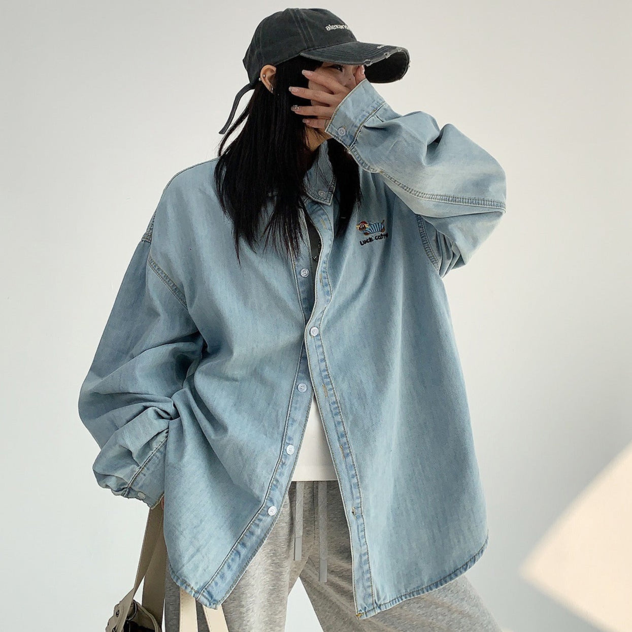 【トップス】春秋 シンプル カートゥーン刺繍 デニム 長袖 シャツ【FCシリーズ】