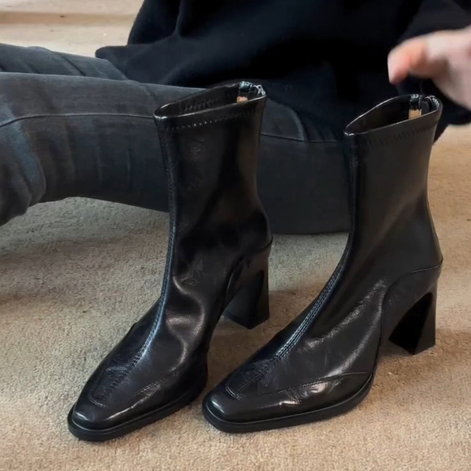 【シューズ】レディース ハイヒール ショートブーツ フレンチヴィンテージ スクエアトゥ太ヒール マーチン風ブーツ