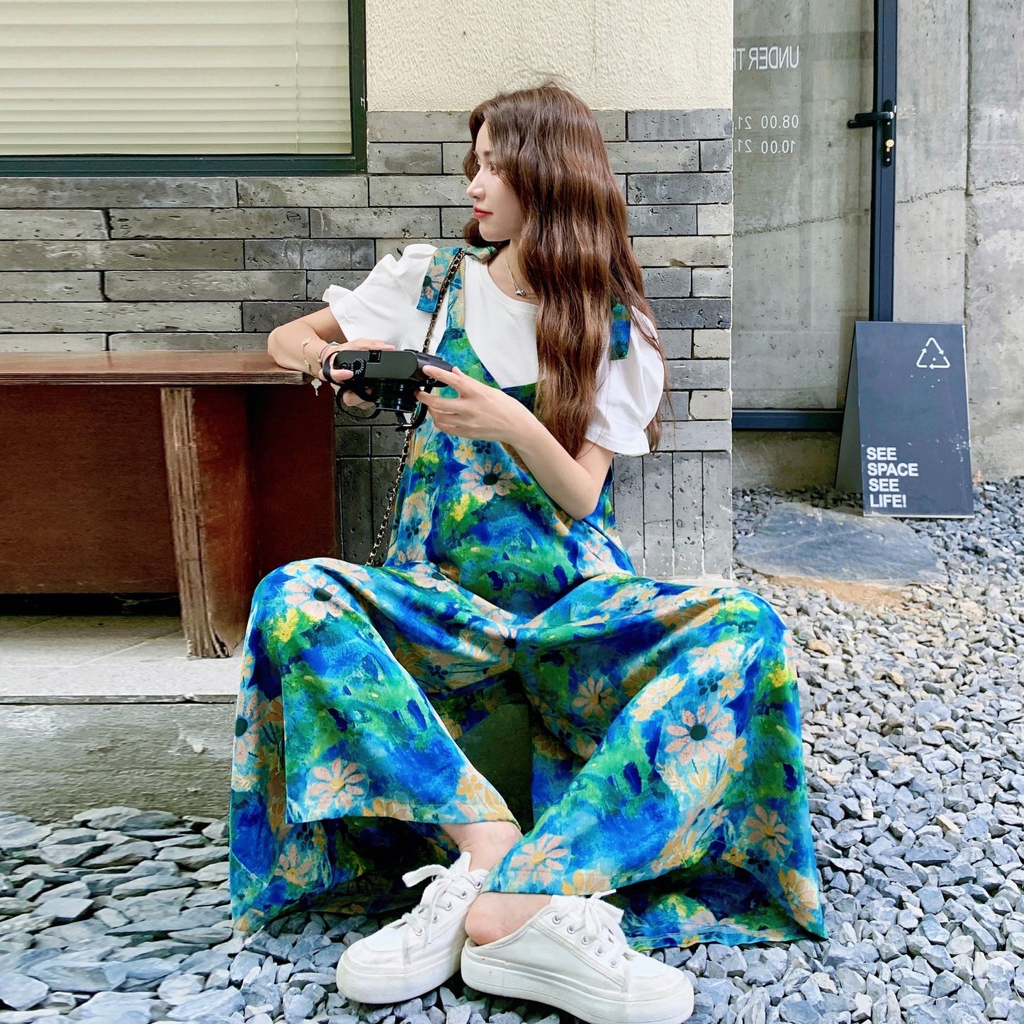 【ボトムス】夏新作 絵画のようなプリントが映える 美シルエット オールインワン【SHシリーズ】