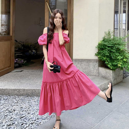 【ワンピース】おしゃれなリゾート風甘いゆったりオフショルダー半袖ワンピース