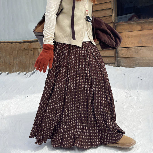 【ボトムス】裏起毛 レトロ花柄×ペイズリー ロングスカート 秋冬 ゆったり フレア【SHシリーズ】