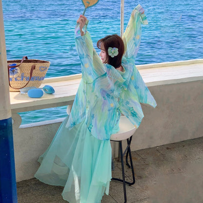 【アウター】花柄 UVカットシャツ 春夏 韓国風 薄手 グラデーション ビーチリゾートアウター【SHシリーズ】