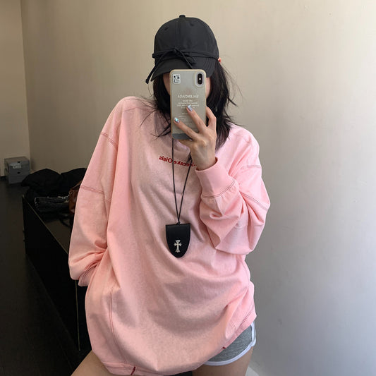 【トップス】リラックス感 ライト薄手 ステッチ刺繍 長袖Tシャツ プルオーバー レディース【FCシリーズ】